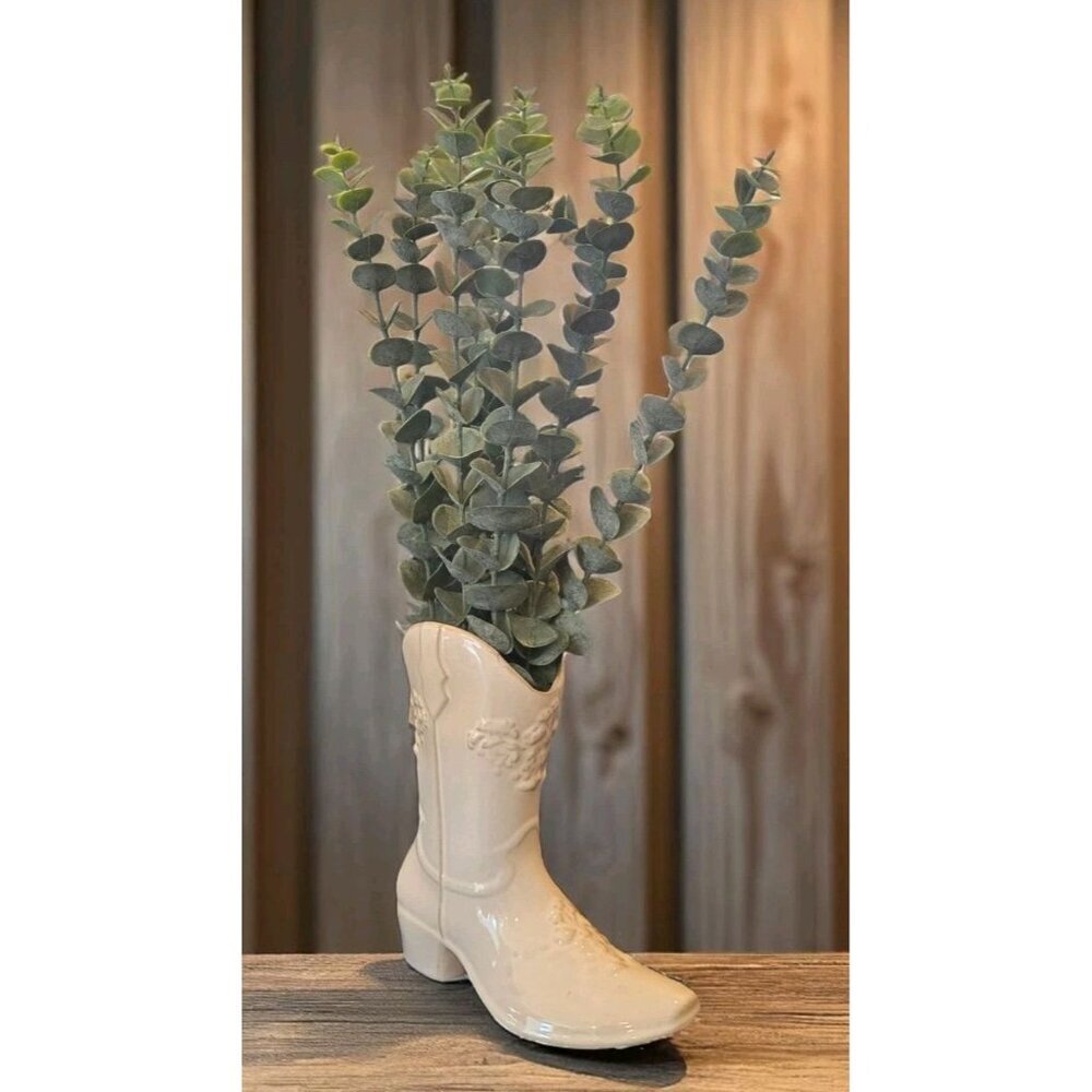 New ARTIFICIAL Eucalypytus Plant in White Ceramic Cowboy Cowgirl Boot Room Decor